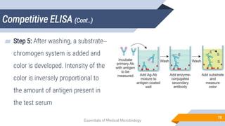 Competitive ELISA (Cont..)
78
▰ Step 5: After washing, a substrate–
chromogen system is added and
color is developed. Intensity of the
color is inversely proportional to
the amount of antigen present in
the test serum
Essentials of Medical Microbiology
 