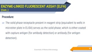 ENZYME-LINKED FLUORESCENT ASSAY (ELFA)
(Cont..)
90
Procedure:
▰ The solid phase receptacle present in reagent strip (equivalent to wells in
microtiter plate in ELISA) serves as the solid phase; which is either coated
with capture antigen (for antibody detection) or antibody (for antigen
detection).
Essentials of Medical Microbiology
 