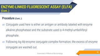 ENZYME-LINKED FLUORESCENT ASSAY (ELFA)
(Cont..)
91
Procedure (Cont..):
▰ Conjugate used here is either an antigen or antibody labeled with enzyme
alkaline phosphatase and the substrate used is 4-methyl-umbelliferyl
phosphate.
▰ Following Ag-Ab-enzyme conjugate complex formation; the excess of enzyme
conjugate are washed out.
Essentials of Medical Microbiology
 