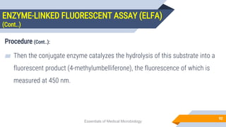 ENZYME-LINKED FLUORESCENT ASSAY (ELFA)
(Cont..)
92
Procedure (Cont..):
▰ Then the conjugate enzyme catalyzes the hydrolysis of this substrate into a
fluorescent product (4-methylumbelliferone), the fluorescence of which is
measured at 450 nm.
Essentials of Medical Microbiology
 