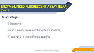 ENZYME-LINKED FLUORESCENT ASSAY (ELFA)
(Cont..)
95
Disadvantages:
(i) Expensive,
(ii) can run only 12–24 number of tests at a time,
(iii) can run 2–4 types of tests at a time
Essentials of Medical Microbiology
 