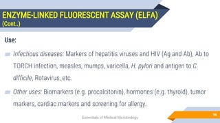 ENZYME-LINKED FLUORESCENT ASSAY (ELFA)
(Cont..)
96
Use:
▰ Infectious diseases: Markers of hepatitis viruses and HIV (Ag and Ab), Ab to
TORCH infection, measles, mumps, varicella, H. pylori and antigen to C.
difficile, Rotavirus, etc.
▰ Other uses: Biomarkers (e.g. procalcitonin), hormones (e.g. thyroid), tumor
markers, cardiac markers and screening for allergy.
Essentials of Medical Microbiology
 
