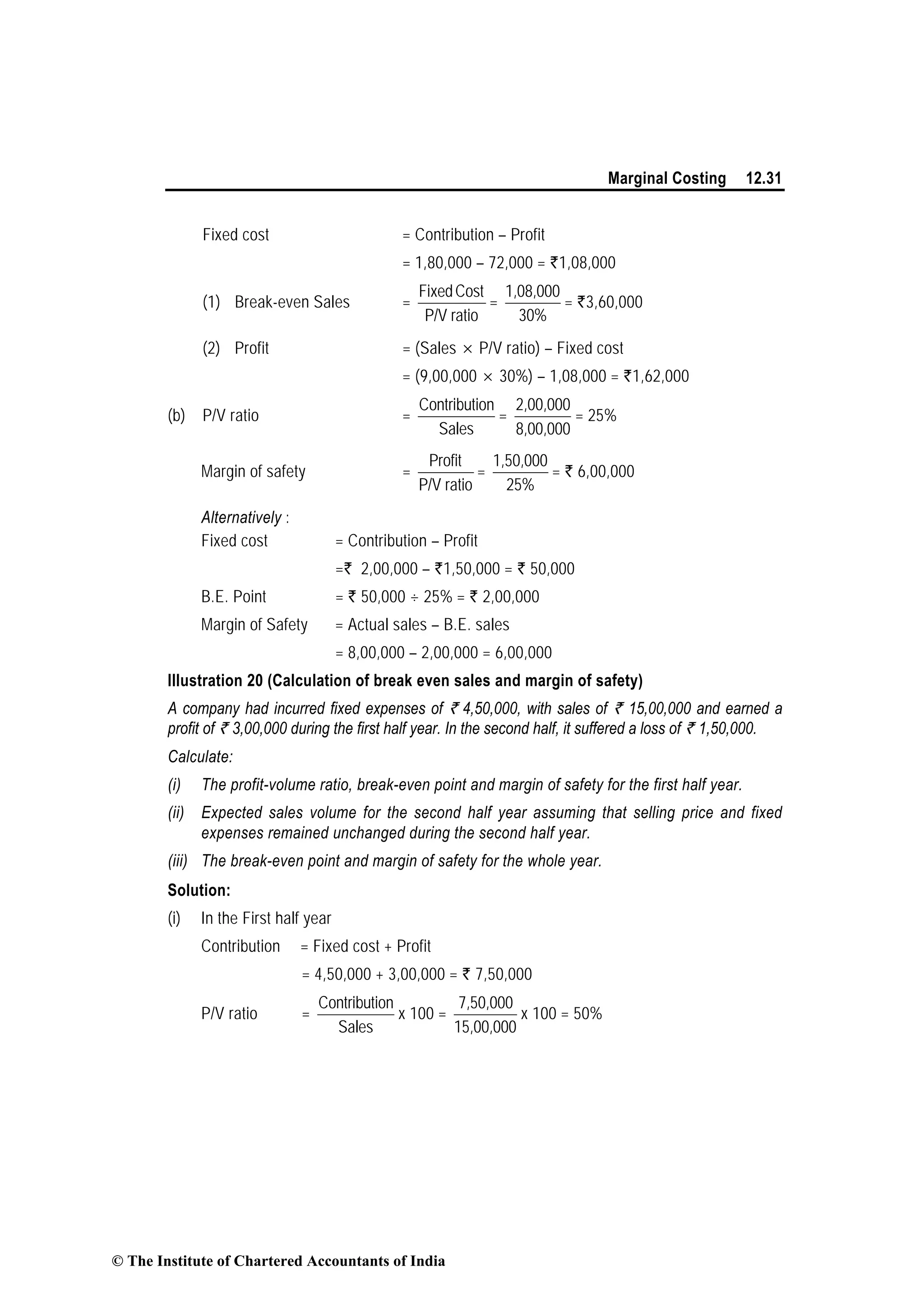 Marginal Costing 12.31
Fixed cost = Contribution – Profit
= 1,80,000 – 72,000 = `1,08,000
(1) Break-even Sales =
FixedCost
P/V ratio
=
30%
1,08,000
= `3,60,000
(2) Profit = (Sales × P/V ratio) – Fixed cost
= (9,00,000 × 30%) – 1,08,000 = `1,62,000
(b) P/V ratio =
Contribution
Sales
=
8,00,000
2,00,000
= 25%
Margin of safety =
ratioP/V
Profit
=
25%
1,50,000
= ` 6,00,000
Alternatively :
Fixed cost = Contribution – Profit
=` 2,00,000 – `1,50,000 = ` 50,000
B.E. Point = ` 50,000 ÷ 25% = ` 2,00,000
Margin of Safety = Actual sales – B.E. sales
= 8,00,000 – 2,00,000 = 6,00,000
Illustration 20 (Calculation of break even sales and margin of safety)
A company had incurred fixed expenses of ` 4,50,000, with sales of ` 15,00,000 and earned a
profit of ` 3,00,000 during the first half year. In the second half, it suffered a loss of ` 1,50,000.
Calculate:
(i) The profit-volume ratio, break-even point and margin of safety for the first half year.
(ii) Expected sales volume for the second half year assuming that selling price and fixed
expenses remained unchanged during the second half year.
(iii) The break-even point and margin of safety for the whole year.
Solution:
(i) In the First half year
Contribution = Fixed cost + Profit
= 4,50,000 + 3,00,000 = ` 7,50,000
P/V ratio =
Contribution
Sales
x 100 =
15,00,000
7,50,000
x 100 = 50%
© The Institute of Chartered Accountants of India
 