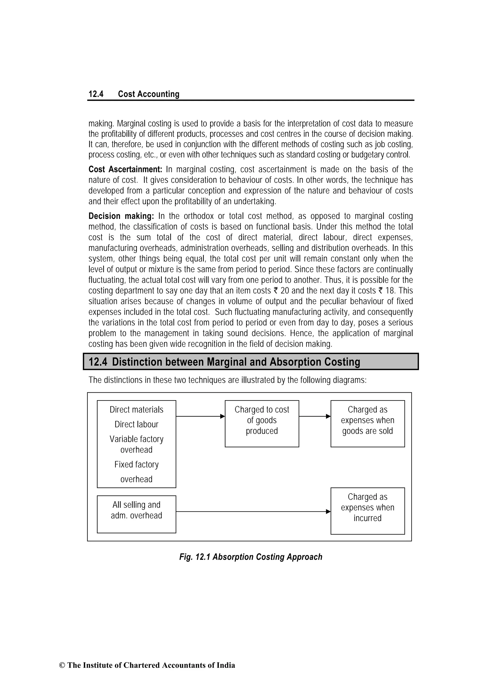 12.4 Cost Accounting
making. Marginal costing is used to provide a basis for the interpretation of cost data to measure
the profitability of different products, processes and cost centres in the course of decision making.
It can, therefore, be used in conjunction with the different methods of costing such as job costing,
process costing, etc., or even with other techniques such as standard costing or budgetary control.
Cost Ascertainment: In marginal costing, cost ascertainment is made on the basis of the
nature of cost. It gives consideration to behaviour of costs. In other words, the technique has
developed from a particular conception and expression of the nature and behaviour of costs
and their effect upon the profitability of an undertaking.
Decision making: In the orthodox or total cost method, as opposed to marginal costing
method, the classification of costs is based on functional basis. Under this method the total
cost is the sum total of the cost of direct material, direct labour, direct expenses,
manufacturing overheads, administration overheads, selling and distribution overheads. In this
system, other things being equal, the total cost per unit will remain constant only when the
level of output or mixture is the same from period to period. Since these factors are continually
fluctuating, the actual total cost will vary from one period to another. Thus, it is possible for the
costing department to say one day that an item costs ` 20 and the next day it costs ` 18. This
situation arises because of changes in volume of output and the peculiar behaviour of fixed
expenses included in the total cost. Such fluctuating manufacturing activity, and consequently
the variations in the total cost from period to period or even from day to day, poses a serious
problem to the management in taking sound decisions. Hence, the application of marginal
costing has been given wide recognition in the field of decision making.
12.4 Distinction between Marginal and Absorption Costing
The distinctions in these two techniques are illustrated by the following diagrams:
Fig. 12.1 Absorption Costing Approach
Direct materials
Direct labour
Variable factory
overhead
Fixed factory
overhead
Charged to cost
of goods
produced
Charged as
expenses when
goods are sold
All selling and
adm. overhead
Charged as
expenses when
incurred
© The Institute of Chartered Accountants of India
 