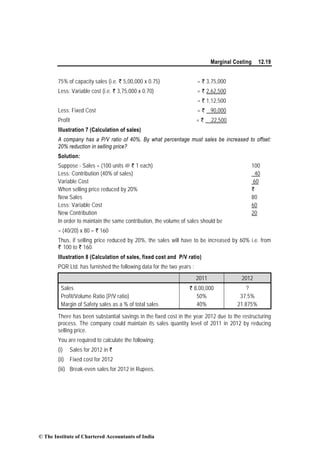 Marginal Costing 12.19
75% of capacity sales (i.e. ` 5,00,000 x 0.75) = ` 3,75,000
Less: Variable cost (i.e. ` 3,75,000 x 0.70) = ` 2,62,500
= ` 1,12,500
Less: Fixed Cost = ` 90,000
Profit = ` 22,500
Illustration 7 (Calculation of sales)
A company has a P/V ratio of 40%. By what percentage must sales be increased to offset:
20% reduction in selling price?
Solution:
Suppose - Sales = (100 units @ ` 1 each) 100
Less: Contribution (40% of sales) 40
Variable Cost 60
When selling price reduced by 20% `
New Sales 80
Less: Variable Cost 60
New Contribution 20
In order to maintain the same contribution, the volume of sales should be
= (40/20) x 80 = ` 160
Thus, if selling price reduced by 20%, the sales will have to be increased by 60% i.e. from
` 100 to ` 160.
Illustration 8 (Calculation of sales, fixed cost and P/V ratio)
PQR Ltd. has furnished the following data for the two years :
2011 2012
Sales
Profit/Volume Ratio (P/V ratio)
Margin of Safety sales as a % of total sales
` 8,00,000
50%
40%
?
37.5%
21.875%
There has been substantial savings in the fixed cost in the year 2012 due to the restructuring
process. The company could maintain its sales quantity level of 2011 in 2012 by reducing
selling price.
You are required to calculate the following:
(i) Sales for 2012 in `
(ii) Fixed cost for 2012
(iii) Break-even sales for 2012 in Rupees.
© The Institute of Chartered Accountants of India
 