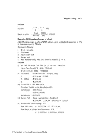 Marginal Costing 12.27
Solution:
P/V ratio =
S
VS −
=
10
810 −
= 20%
Margin of safety =
ratioP/V
Profit
=
20%
30,000
= ` 1,50,000
Illustration 15 (Calculation of margin of safety)
A Ltd. Maintains margin of safety of 37.5% with an overall contribution to sales ratio of 40%.
Its fixed costs amount to ` 5 lakhs.
Calculate the following:
i. Break-even sales
ii. Total sales
iii. Total variable cost
iv. Current profit
v. New ‘margin of safety’ if the sales volume is increased by 7 ½ %.
Solution:
(i) We know that: Break Even Sales (BES) x P/V Ratio = Fixed Cost
Break Even Sales (BES) x 40% = ` 5,00,000
Break Even Sales (BES) = ` 12,50,000
(ii) Total Sales = Break Even Sales + Margin of Safety
S = ` 12,50,000 + 0.375S
S – 0.375S = ` 12,50,000
S = ` 20,00,000
(iii) Contribution to Sales Ratio = 40%
Therefore, Variable cost to Sales Ratio = 60%
Variable cost = 60% of sales
= 60% of 20,00,000
Variable cost = 12,00,000
(iv) Current Profit = Sales – (Variable Cost + Fixed Cost)
= ` 20,00,000 – (12,00,000 + 5,00,000) = ` 3,00,000
(v) If sales value is increased by 7 ½ %
New Sales value = ` 20,00,000 x 1.075 = ` 21,50,000
New Margin of Safety = New Sales value – BES
= ` 21,50,000 – ` 12,50,000 = ` 9,00,000
© The Institute of Chartered Accountants of India
 