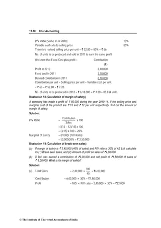 12.30 Cost Accounting
P/V Ratio (Same as of 2010) 20%
Variable cost ratio to selling price 80%
Therefore revised selling price per unit = ` 52.80 ÷ 80% = ` 66.
No. of units to be produced and sold in 2011 to earn the same profit
We know that Fixed Cost plus profit = Contribution
(`)
Profit in 2010 2,40,000
Fixed cost in 2011 3,78,000
Desired contribution in 2011 6,18,000
Contribution per unit = Selling price per unit – Variable cost per unit.
= ` 60 – ` 52.80 = ` 7.20.
No. of units to be produced in 2012 = ` 6,18,000 ÷ ` 7.20 = 85,834 units.
Illustration 18 (Calculation of margin of safety)
A company has made a profit of ` 50,000 during the year 2010-11. If the selling price and
marginal cost of the product are ` 15 and ` 12 per unit respectively, find out the amount of
margin of safety.
Solution:
P/V Ratio =
Contribution
Sales
x 100
= [(15 – 12)/15] x 100
= (3/15) x 100 = 20%
Marginal of Safety = (Profit)/ (P/V Ratio)
= 50,000/20% = ` 2,50,000
Illustration 19 (Calculation of break even sales)
(a) If margin of safety is ` 2,40,000 (40% of sales) and P/V ratio is 30% of AB Ltd, calculate
its (1) Break even sales, and (2) Amount of profit on sales of `9,00,000.
(b) X Ltd. has earned a contribution of `2,00,000 and net profit of `1,50,000 of sales of
` 8,00,000. What is its margin of safety?
Solution:
(a) Total Sales = 2,40,000 ×
100
40
= `6,00,000
Contribution = 6,00,000 × 30% = `1,80,000
Profit = M/S × P/V ratio = 2,40,000 × 30% = `72,000
© The Institute of Chartered Accountants of India
 