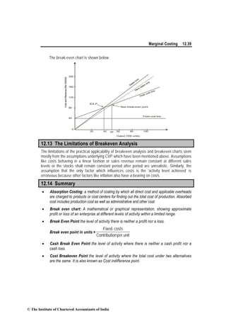 Marginal Costing 12.39
The break-even chart is shown below:
0
200
160
120
80
40
CostandRevenue(Rs.'00000)
20 40 60 80 10050
Fixed cost line
New break-even point
New
sales line
Sales
line
B.E.P.
Output ('000 units)
Total cost line
12.13 The Limitations of Breakeven Analysis
The limitations of the practical applicability of breakeven analysis and breakeven charts stem
mostly from the assumptions underlying CVP which have been mentioned above. Assumptions
like costs behaving in a linear fashion or sales revenue remain constant at different sales
levels or the stocks shall remain constant period after period are unrealistic. Similarly, the
assumption that the only factor which influences costs is the ‘activity level achieved’ is
erroneous because other factors like inflation also have a bearing on costs.
12.14 Summary
• Absorption Costing: a method of costing by which all direct cost and applicable overheads
are charged to products or cost centers for finding out the total cost of production. Absorbed
cost includes production cost as well as administrative and other cost.
• Break even chart: A mathematical or graphical representation, showing approximate
profit or loss of an enterprise at different levels of activity within a limited range.
• Break Even Point the level of activity there is neither a profit nor a loss.
Break even point in units =
unitperonContributi
costsFixed
• Cash Break Even Point the level of activity where there is neither a cash profit nor a
cash loss.
• Cost Breakeven Point the level of activity where the total cost under two alternatives
are the same. It is also known as Cost indifference point.
© The Institute of Chartered Accountants of India
 
