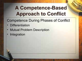 A Competence-Based
Approach to Conflict
Competence During Phases of Conflict
• Differentiation
• Mutual Problem Description
• Integration
 
