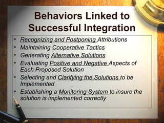 Behaviors Linked to
Successful Integration
• Recognizing and Postponing Attributions
• Maintaining Cooperative Tactics
• Generating Alternative Solutions
• Evaluating Positive and Negative Aspects of
Each Proposed Solution
• Selecting and Clarifying the Solutions to be
Implemented
• Establishing a Monitoring System to insure the
solution is implemented correctly
 