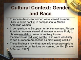 Cultural Context: Gender
and Race
• European American women were viewed as more
likely to avoid conflict in comparison to African
American women
• In comparison to European American women, African
American women viewed all women as more likely to
choose escalation, were more likely to see
themselves as reducing conflict, and were less likely
to see European Americans as maintaining conflict
• These findings show that race influences perceptions
of women in organizations concerning conflict [Shuter
& Turner, 1997]
 