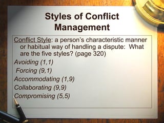 Styles of Conflict
Management
Conflict Style: a person’s characteristic manner
or habitual way of handling a dispute: What
are the five styles? (page 320)
Avoiding (1,1)
Forcing (9,1)
Accommodating (1,9)
Collaborating (9,9)
Compromising (5,5)
 