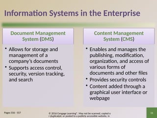 © 2016 Cengage Learning®. May not be scanned, copied o
r duplicated, or posted to a publicly accessible website, in
11
Information Systems in the Enterprise
Document Management
System (DMS)
• Allows for storage and
management of a
company’s documents
• Supports access control,
security, version tracking,
and search
Content Management
System (CMS)
• Enables and manages the
publishing, modification,
organization, and access of
various forms of
documents and other files
• Provides security controls
• Content added through a
graphical user interface or
webpage
Pages 556 - 557
 