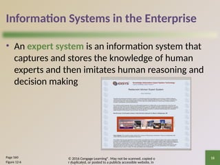 © 2016 Cengage Learning®. May not be scanned, copied o
r duplicated, or posted to a publicly accessible website, in
16
Information Systems in the Enterprise
• An expert system is an information system that
captures and stores the knowledge of human
experts and then imitates human reasoning and
decision making
Page 560
Figure 12-6
 
