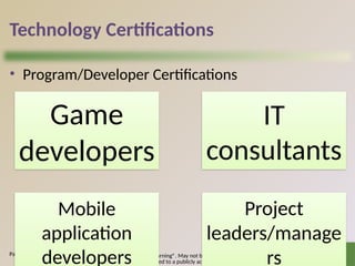 © 2016 Cengage Learning®. May not be scanned, copied o
r duplicated, or posted to a publicly accessible website, in
36
Technology Certifications
• Program/Developer Certifications
Page 574
Game
developers
IT
consultants
Mobile
application
developers
Project
leaders/manage
rs
 
