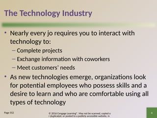 © 2016 Cengage Learning®. May not be scanned, copied o
r duplicated, or posted to a publicly accessible website, in
4
The Technology Industry
• Nearly every jo requires you to interact with
technology to:
– Complete projects
– Exchange information with coworkers
– Meet customers’ needs
• As new technologies emerge, organizations look
for potential employees who possess skills and a
desire to learn and who are comfortable using all
types of technology
Page 552
 