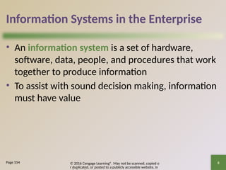 © 2016 Cengage Learning®. May not be scanned, copied o
r duplicated, or posted to a publicly accessible website, in
6
Information Systems in the Enterprise
• An information system is a set of hardware,
software, data, people, and procedures that work
together to produce information
• To assist with sound decision making, information
must have value
Page 554
 