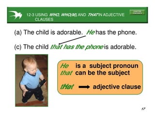 17
(a) The child is adorable.
(c) The child is adorable.
He has the phone.
is a subject pronounHe
can be the subjectthat
that has the phone
He adjective clausethat
12-3 USING WHO, WHO(M), AND THAT IN ADJECTIVE
CLAUSES
 