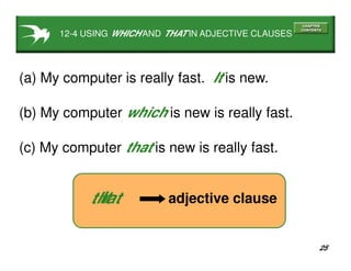 25
12-4 USING WHICH AND THAT IN ADJECTIVE CLAUSES
(a) My computer is really fast. It is new.
(c) My computer that is new is really fast.
(b) My computer which is new is really fast.
adjective clausethatIt
 