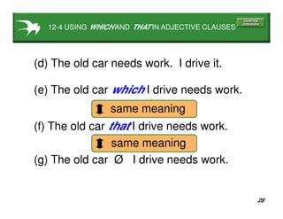 28
12-4 USING WHICH AND THAT IN ADJECTIVE CLAUSES
(d) The old car needs work. I drive it.
(f) The old car that I drive needs work.
(e) The old car which I drive needs work.
(g) The old car Ø I drive needs work.
same meaning
same meaning
 