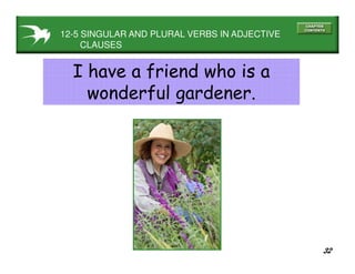 32
12-5 SINGULAR AND PLURAL VERBS IN ADJECTIVE
CLAUSES
I have a friend who is a
wonderful gardener.
 