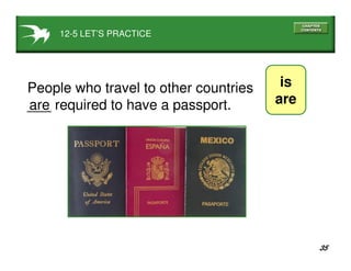 35
12-5 LET’S PRACTICE
is
are
People who travel to other countries
___ required to have a passport.are
 