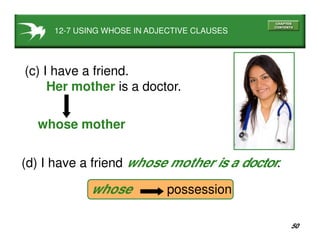 50
12-7 USING WHOSE IN ADJECTIVE CLAUSES
(c) I have a friend.
Her mother is a doctor.
whose mother
(d) I have a friend whose mother is a doctor.
whose possession
 
