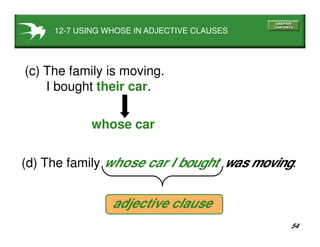 54
12-7 USING WHOSE IN ADJECTIVE CLAUSES
(c) The family is moving.
I bought their car.
whose car
(d) The family whose car I bought was moving.
adjective clause
 