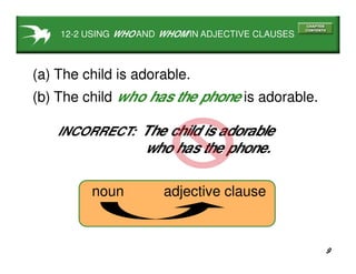 9
12-2 USING WHO AND WHOM IN ADJECTIVE CLAUSES
(a) The child is adorable.
(b) The child is adorable.who has the phone
INCORRECT: The child is adorable
who has the phone.
noun adjective clause
 