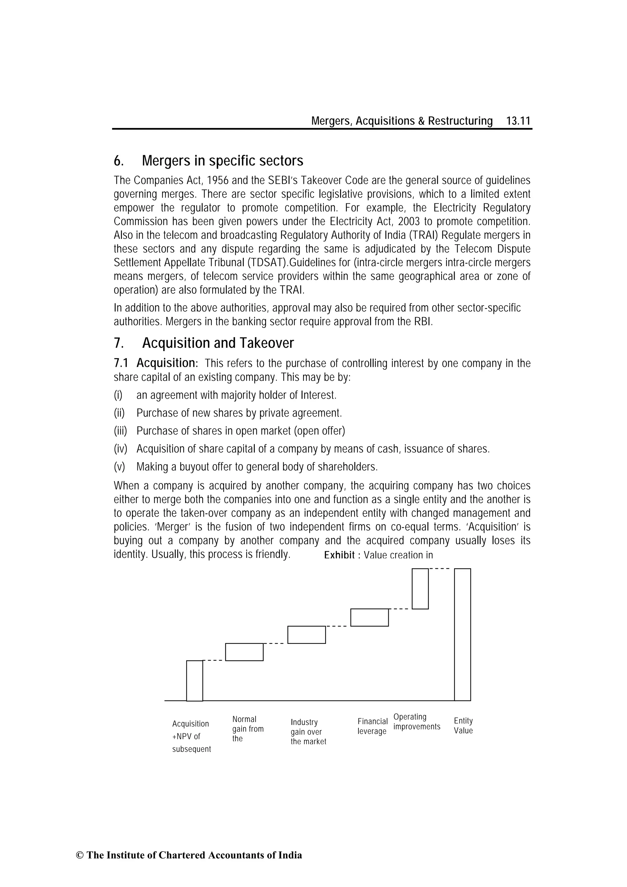 Mergers, Acquisitions & Restructuring 13.11
6. Mergers in specific sectors
The Companies Act, 1956 and the SEBI’s Takeover Code are the general source of guidelines
governing merges. There are sector specific legislative provisions, which to a limited extent
empower the regulator to promote competition. For example, the Electricity Regulatory
Commission has been given powers under the Electricity Act, 2003 to promote competition.
Also in the telecom and broadcasting Regulatory Authority of India (TRAI) Regulate mergers in
these sectors and any dispute regarding the same is adjudicated by the Telecom Dispute
Settlement Appellate Tribunal (TDSAT).Guidelines for (intra-circle mergers intra-circle mergers
means mergers, of telecom service providers within the same geographical area or zone of
operation) are also formulated by the TRAI.
In addition to the above authorities, approval may also be required from other sector-specific
authorities. Mergers in the banking sector require approval from the RBI.
7. Acquisition and Takeover
7.1 Acquisition: This refers to the purchase of controlling interest by one company in the
share capital of an existing company. This may be by:
(i) an agreement with majority holder of Interest.
(ii) Purchase of new shares by private agreement.
(iii) Purchase of shares in open market (open offer)
(iv) Acquisition of share capital of a company by means of cash, issuance of shares.
(v) Making a buyout offer to general body of shareholders.
When a company is acquired by another company, the acquiring company has two choices
either to merge both the companies into one and function as a single entity and the another is
to operate the taken-over company as an independent entity with changed management and
policies. ‘Merger’ is the fusion of two independent firms on co-equal terms. ‘Acquisition’ is
buying out a company by another company and the acquired company usually loses its
identity. Usually, this process is friendly. Exhibit : Value creation in
Acquisition
+NPV of
subsequent
Normal
gain from
the
Industry
gain over
the market
Financial
leverage
Operating
improvements
Entity
Value
© The Institute of Chartered Accountants of India
 