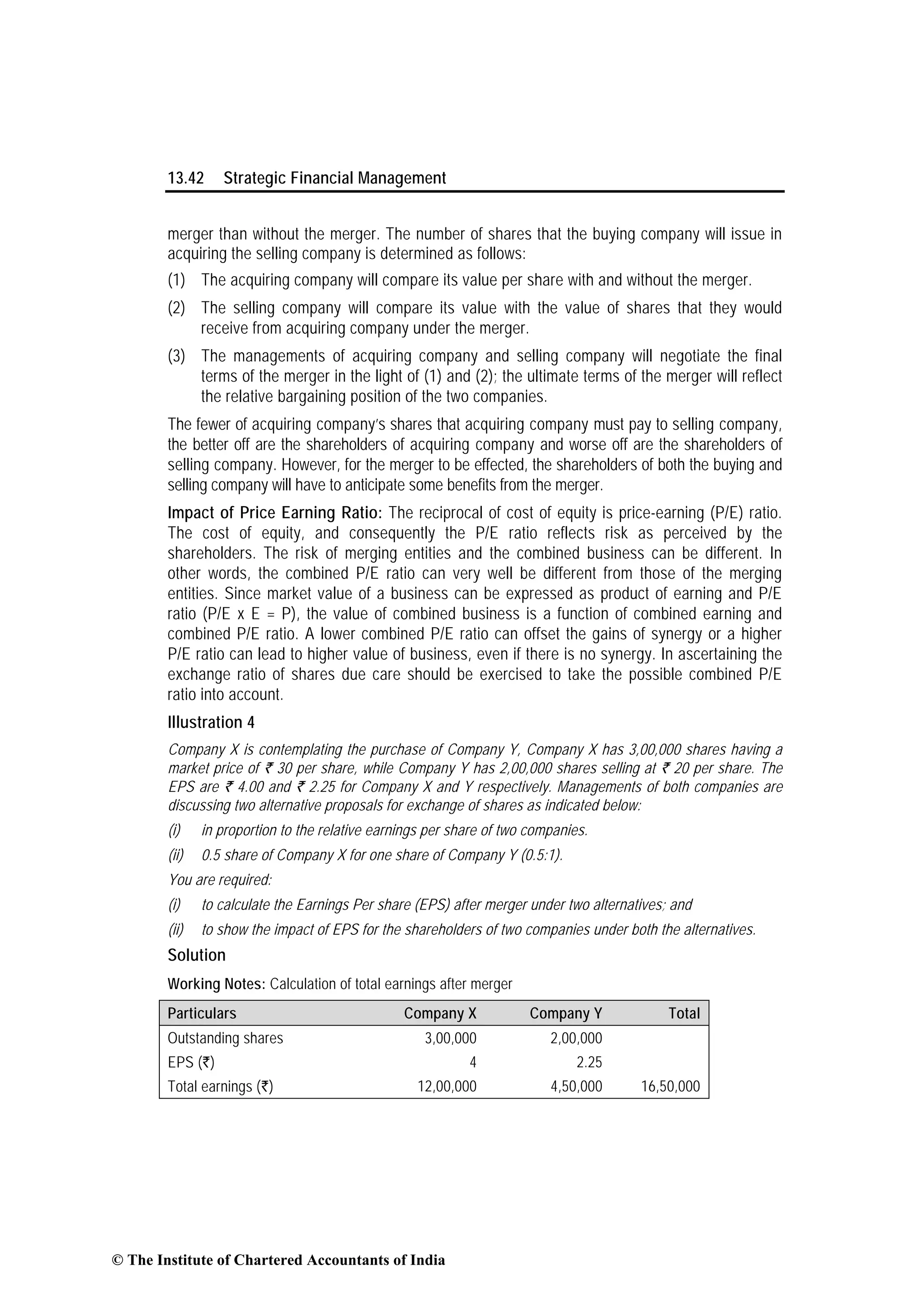 13.42 Strategic Financial Management
merger than without the merger. The number of shares that the buying company will issue in
acquiring the selling company is determined as follows:
(1) The acquiring company will compare its value per share with and without the merger.
(2) The selling company will compare its value with the value of shares that they would
receive from acquiring company under the merger.
(3) The managements of acquiring company and selling company will negotiate the final
terms of the merger in the light of (1) and (2); the ultimate terms of the merger will reflect
the relative bargaining position of the two companies.
The fewer of acquiring company’s shares that acquiring company must pay to selling company,
the better off are the shareholders of acquiring company and worse off are the shareholders of
selling company. However, for the merger to be effected, the shareholders of both the buying and
selling company will have to anticipate some benefits from the merger.
Impact of Price Earning Ratio: The reciprocal of cost of equity is price-earning (P/E) ratio.
The cost of equity, and consequently the P/E ratio reflects risk as perceived by the
shareholders. The risk of merging entities and the combined business can be different. In
other words, the combined P/E ratio can very well be different from those of the merging
entities. Since market value of a business can be expressed as product of earning and P/E
ratio (P/E x E = P), the value of combined business is a function of combined earning and
combined P/E ratio. A lower combined P/E ratio can offset the gains of synergy or a higher
P/E ratio can lead to higher value of business, even if there is no synergy. In ascertaining the
exchange ratio of shares due care should be exercised to take the possible combined P/E
ratio into account.
Illustration 4
Company X is contemplating the purchase of Company Y, Company X has 3,00,000 shares having a
market price of ` 30 per share, while Company Y has 2,00,000 shares selling at ` 20 per share. The
EPS are ` 4.00 and ` 2.25 for Company X and Y respectively. Managements of both companies are
discussing two alternative proposals for exchange of shares as indicated below:
(i) in proportion to the relative earnings per share of two companies.
(ii) 0.5 share of Company X for one share of Company Y (0.5:1).
You are required:
(i) to calculate the Earnings Per share (EPS) after merger under two alternatives; and
(ii) to show the impact of EPS for the shareholders of two companies under both the alternatives.
Solution
Working Notes: Calculation of total earnings after merger
Particulars Company X Company Y Total
Outstanding shares 3,00,000 2,00,000
EPS (`) 4 2.25
Total earnings (`) 12,00,000 4,50,000 16,50,000
© The Institute of Chartered Accountants of India
 