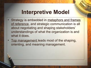 Interpretive Model
• Strategy is embedded in metaphors and frames
of reference, and strategic communication is all
about negotiating and shaping stakeholders’
understandings of what the organization is and
what it does.
• Top management leads most of the shaping,
orienting, and meaning management.
 