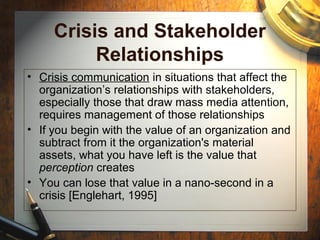 Crisis and Stakeholder
Relationships
• Crisis communication in situations that affect the
organization’s relationships with stakeholders,
especially those that draw mass media attention,
requires management of those relationships
• If you begin with the value of an organization and
subtract from it the organization's material
assets, what you have left is the value that
perception creates
• You can lose that value in a nano-second in a
crisis [Englehart, 1995]
 