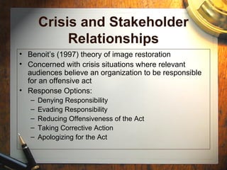 Crisis and Stakeholder
Relationships
• Benoit’s (1997) theory of image restoration
• Concerned with crisis situations where relevant
audiences believe an organization to be responsible
for an offensive act
• Response Options:
– Denying Responsibility
– Evading Responsibility
– Reducing Offensiveness of the Act
– Taking Corrective Action
– Apologizing for the Act
 