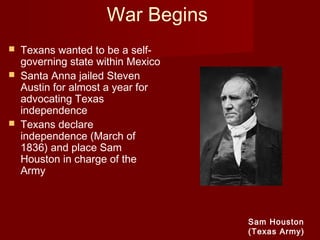 War Begins
 Texans wanted to be a self-
governing state within Mexico
 Santa Anna jailed Steven
Austin for almost a year for
advocating Texas
independence
 Texans declare
independence (March of
1836) and place Sam
Houston in charge of the
Army
Sam Houston
(Texas Army)
 