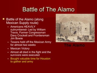 Battle of The AlamoBattle of The Alamo
 Battle of the Alamo (along
Mexican Supply route)
– Americans HEAVILY
outnumbered- Led by William
Travis, Former Congressman
Davy Crockett and Frontiersman
Jim Bowie
– Texans held off the Mexican Army
for almost two weeks
– Mexican Victory
– Almost all died in the fight and the
survivors were executed
– Bought valuable time for Houston
to gather and army
The Alamo
 