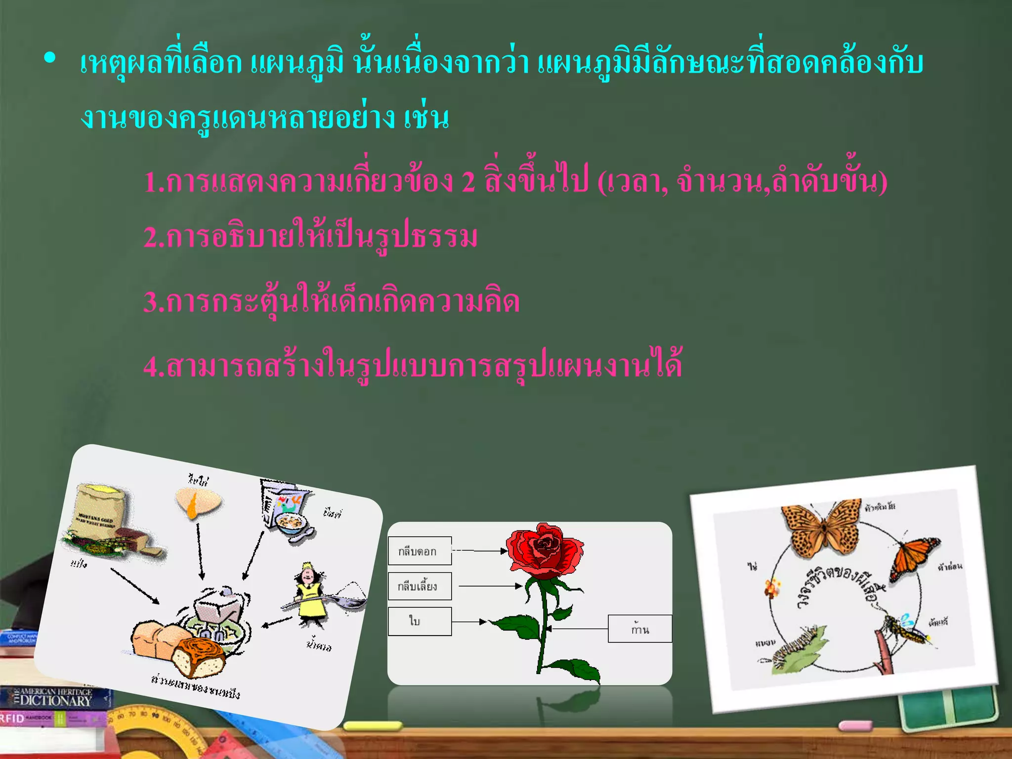 • เหตุผลที่เลือก แผนภูมิ นั้นเนื่องจากว่า แผนภูมิมีลักษณะที่สอดคล้องกับ
งานของครูแดนหลายอย่าง เช่น
1.การแสดงความเกี่ยวข้อง 2 สิ่งขึ้นไป (เวลา, จํานวน,ลําดับขั้น)
2.การอธิบายให้เป็นรูปธรรม
3.การกระตุ้นให้เด็กเกิดความคิด
4.สามารถสร้างในรูปแบบการสรุปแผนงานได้
 