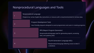 Nonprocedural Languages and Tools
1
Nonprocedural Language
Programmer writes English-like instructions or interacts with a visual environment to retrieve data.
2
Program Development Tools
User-friendly programs designed to assist programmers and users in creating programs.
3
RPG (Report Program Generator)
Nonprocedural language used for generating reports, accessing
data, and updating data.
4
Fourth-Generation Language (4GL)
Nonprocedural language allowing access to data in
a database.
 