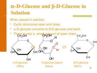 29
α-D-Glucose and β-D-Glucose in
Solution
When placed in solution,
 Cyclic structures open and close.
 α-D-glucose converts to β-D-glucose and back.
 There is only a small amount of open chain.
α-D-glucose D-glucose (open) β-D-glucose
(36%) (trace) (64%)
OH
OH
OH
OH
CH2OH
O O H
O H
O H
O H
C H 2O H
OO
H
CH2OH
OH
O
C
H
OH
OH
 