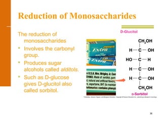 36
Reduction of Monosaccharides
The reduction of
monosaccharides
 Involves the carbonyl
group.
 Produces sugar
alcohols called alditols.
 Such as D-glucose
gives D-glucitol also
called sorbitol.
D-Glucitol
 