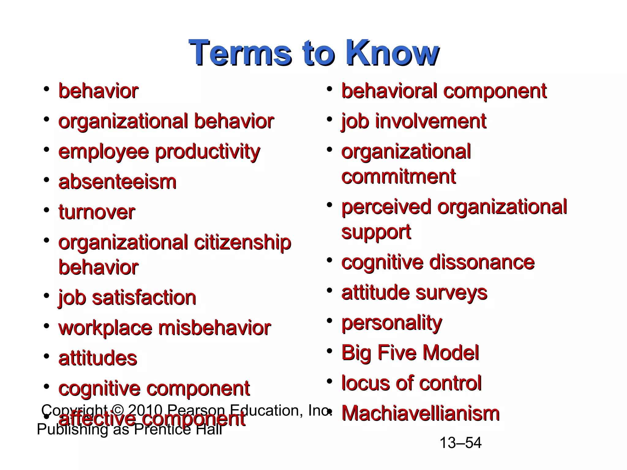 Copyright © 2010 Pearson Education, Inc.
Publishing as Prentice Hall
13–54
Terms to KnowTerms to Know
• behaviorbehavior
• organizational behaviororganizational behavior
• employee productivityemployee productivity
• absenteeismabsenteeism
• turnoverturnover
• organizational citizenshiporganizational citizenship
behaviorbehavior
• job satisfactionjob satisfaction
• workplace misbehaviorworkplace misbehavior
• attitudesattitudes
• cognitive componentcognitive component
• affective componentaffective component
• behavioral componentbehavioral component
• job involvementjob involvement
• organizationalorganizational
commitmentcommitment
• perceived organizationalperceived organizational
supportsupport
• cognitive dissonancecognitive dissonance
• attitude surveysattitude surveys
• personalitypersonality
• Big Five ModelBig Five Model
• locus of controllocus of control
• MachiavellianismMachiavellianism
 