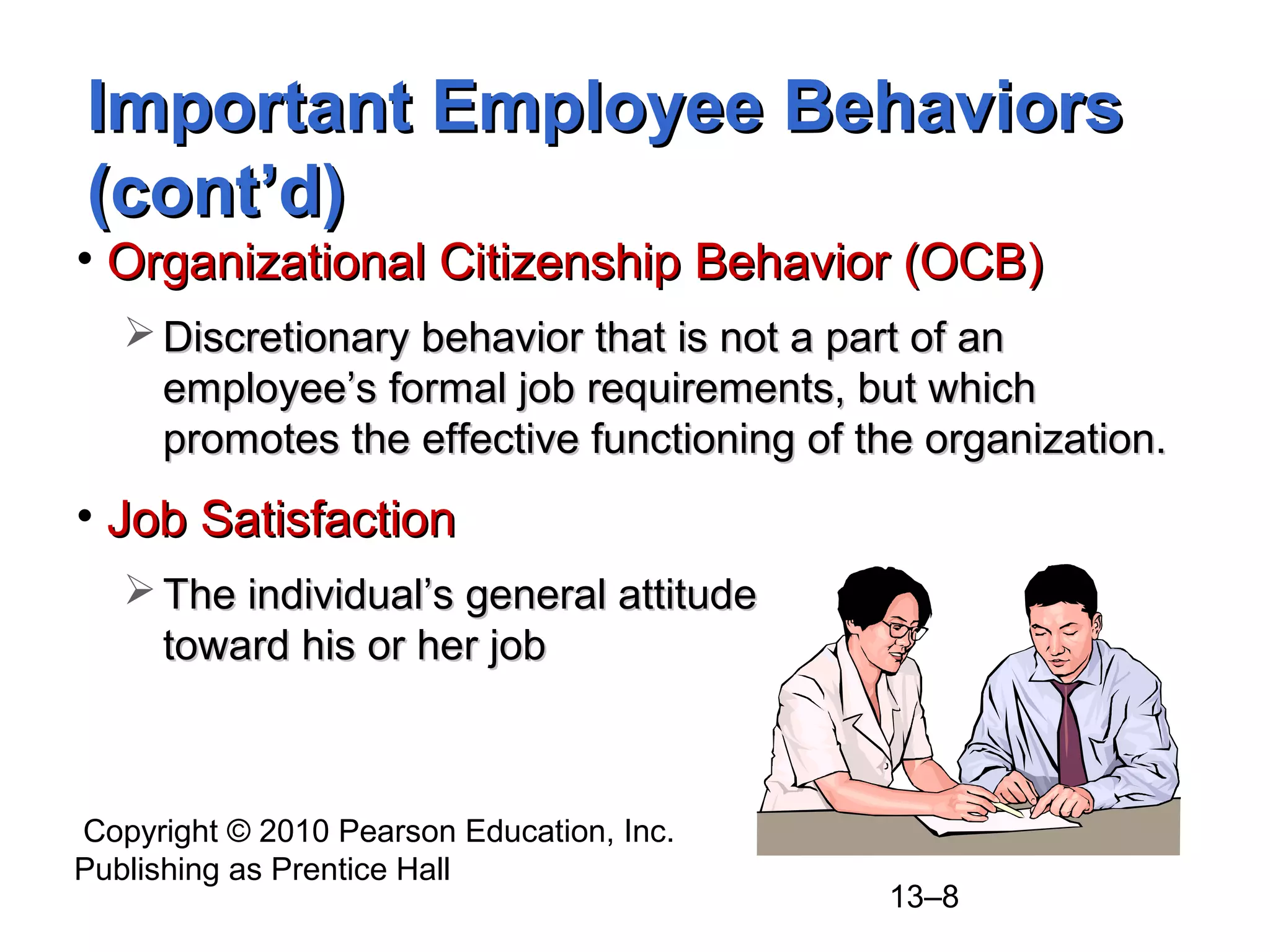 Copyright © 2010 Pearson Education, Inc.
Publishing as Prentice Hall
13–8
Important Employee BehaviorsImportant Employee Behaviors
(cont’d)(cont’d)
• Organizational Citizenship Behavior (OCB)Organizational Citizenship Behavior (OCB)
 Discretionary behavior that is not a part of anDiscretionary behavior that is not a part of an
employee’s formal job requirements, but whichemployee’s formal job requirements, but which
promotes the effective functioning of the organization.promotes the effective functioning of the organization.
• Job SatisfactionJob Satisfaction
 The individual’s general attitudeThe individual’s general attitude
toward his or her jobtoward his or her job
 