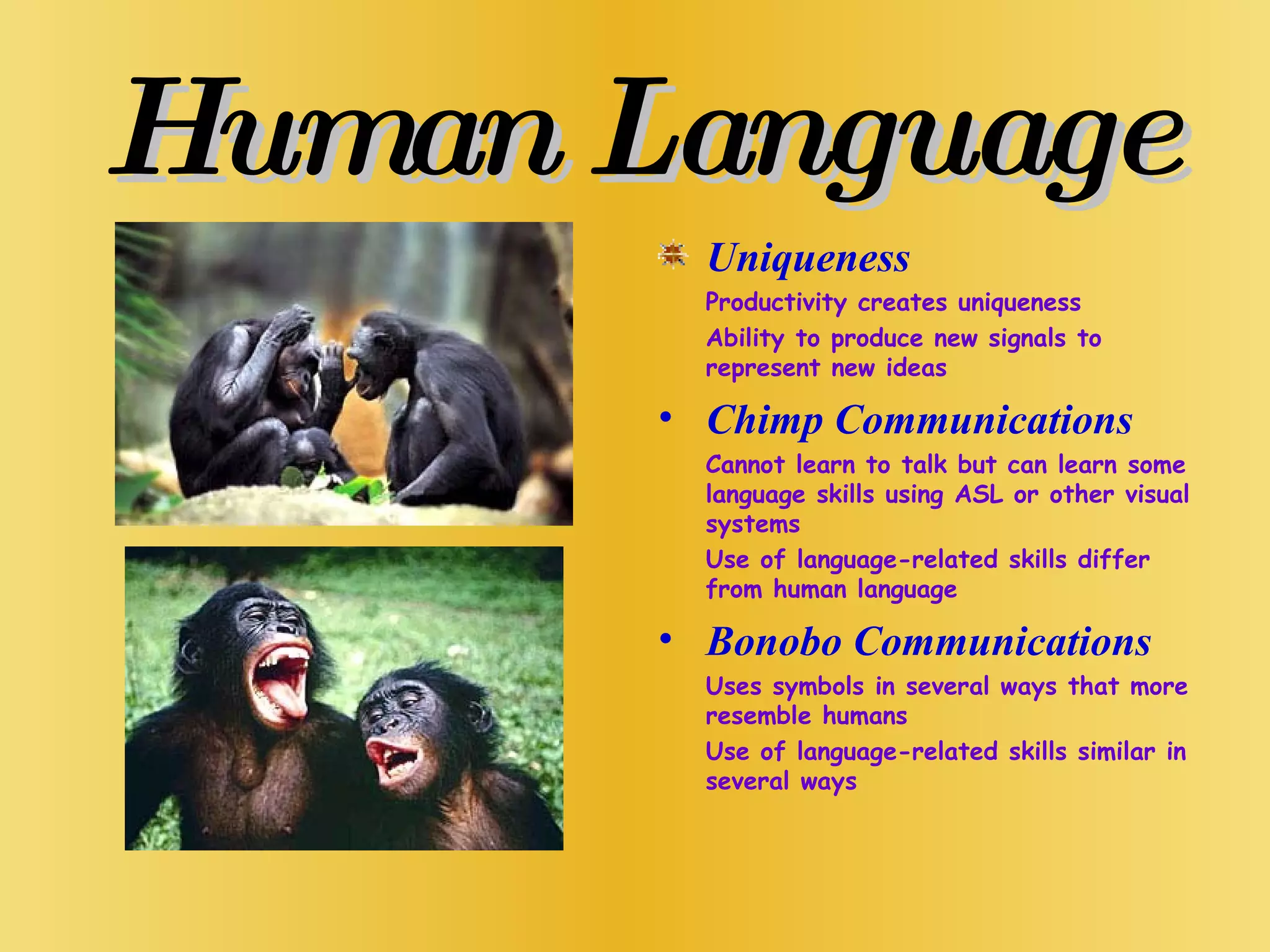 Human Language Uniqueness Productivity creates uniqueness Ability to produce new signals to represent new ideas Chimp Communications Cannot learn to talk but can learn some language skills using ASL or other visual systems Use of language-related skills differ from human language Bonobo Communications Uses symbols in several ways that more resemble humans Use of language-related skills similar in several ways 