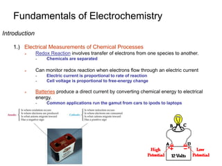 Fundamentals of Electrochemistry
Introduction
1.) Electrical Measurements of Chemical Processes
 Redox Reaction involves transfer of electrons from one species to another.
- Chemicals are separated
 Can monitor redox reaction when electrons flow through an electric current
- Electric current is proportional to rate of reaction
- Cell voltage is proportional to free-energy change
 Batteries produce a direct current by converting chemical energy to electrical
energy.
- Common applications run the gamut from cars to ipods to laptops
 