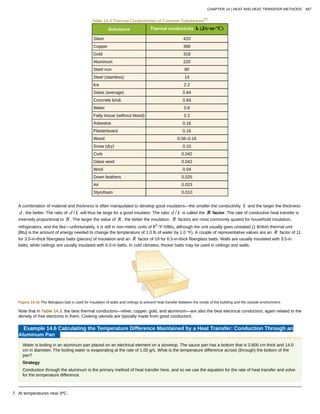 Table 14.3 Thermal Conductivities of Common Substances[7]
Substance Thermal conductivity k (J/s⋅m⋅ºC)
Silver 420
Copper 390
Gold 318
Aluminum 220
Steel iron 80
Steel (stainless) 14
Ice 2.2
Glass (average) 0.84
Concrete brick 0.84
Water 0.6
Fatty tissue (without blood) 0.2
Asbestos 0.16
Plasterboard 0.16
Wood 0.08–0.16
Snow (dry) 0.10
Cork 0.042
Glass wool 0.042
Wool 0.04
Down feathers 0.025
Air 0.023
Styrofoam 0.010
A combination of material and thickness is often manipulated to develop good insulators—the smaller the conductivity k and the larger the thickness
d , the better. The ratio of d / k will thus be large for a good insulator. The ratio d / k is called the R factor. The rate of conductive heat transfer is
inversely proportional to R . The larger the value of R , the better the insulation. R factors are most commonly quoted for household insulation,
refrigerators, and the like—unfortunately, it is still in non-metric units of ft2
·°F·h/Btu, although the unit usually goes unstated (1 British thermal unit
[Btu] is the amount of energy needed to change the temperature of 1.0 lb of water by 1.0 °F). A couple of representative values are an R factor of 11
for 3.5-in-thick fiberglass batts (pieces) of insulation and an R factor of 19 for 6.5-in-thick fiberglass batts. Walls are usually insulated with 3.5-in
batts, while ceilings are usually insulated with 6.5-in batts. In cold climates, thicker batts may be used in ceilings and walls.
Figure 14.16 The fiberglass batt is used for insulation of walls and ceilings to prevent heat transfer between the inside of the building and the outside environment.
Note that in Table 14.3, the best thermal conductors—silver, copper, gold, and aluminum—are also the best electrical conductors, again related to the
density of free electrons in them. Cooking utensils are typically made from good conductors.
Example 14.6 Calculating the Temperature Difference Maintained by a Heat Transfer: Conduction Through an
Aluminum Pan
Water is boiling in an aluminum pan placed on an electrical element on a stovetop. The sauce pan has a bottom that is 0.800 cm thick and 14.0
cm in diameter. The boiling water is evaporating at the rate of 1.00 g/s. What is the temperature difference across (through) the bottom of the
pan?
Strategy
Conduction through the aluminum is the primary method of heat transfer here, and so we use the equation for the rate of heat transfer and solve
for the temperature difference.
7. At temperatures near 0ºC.
CHAPTER 14 | HEAT AND HEAT TRANSFER METHODS 487
 