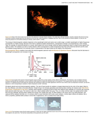 Figure 14.23 Most of the heat transfer from this fire to the observers is through infrared radiation. The visible light, although dramatic, transfers relatively little thermal energy.
Convection transfers energy away from the observers as hot air rises, while conduction is negligibly slow here. Skin is very sensitive to infrared radiation, so that you can
sense the presence of a fire without looking at it directly. (credit: Daniel X. O’Neil)
The energy of electromagnetic radiation depends on the wavelength (color) and varies over a wide range: a smaller wavelength (or higher frequency)
corresponds to a higher energy. Because more heat is radiated at higher temperatures, a temperature change is accompanied by a color change.
Take, for example, an electrical element on a stove, which glows from red to orange, while the higher-temperature steel in a blast furnace glows from
yellow to white. The radiation you feel is mostly infrared, which corresponds to a lower temperature than that of the electrical element and the steel.
The radiated energy depends on its intensity, which is represented in the figure below by the height of the distribution.
Electromagnetic Waves explains more about the electromagnetic spectrum and Introduction to Quantum Physics discusses how the decrease in
wavelength corresponds to an increase in energy.
Figure 14.24 (a) A graph of the spectra of electromagnetic waves emitted from an ideal radiator at three different temperatures. The intensity or rate of radiation emission
increases dramatically with temperature, and the spectrum shifts toward the visible and ultraviolet parts of the spectrum. The shaded portion denotes the visible part of the
spectrum. It is apparent that the shift toward the ultraviolet with temperature makes the visible appearance shift from red to white to blue as temperature increases. (b) Note the
variations in color corresponding to variations in flame temperature. (credit: Tuohirulla)
All objects absorb and emit electromagnetic radiation. The rate of heat transfer by radiation is largely determined by the color of the object. Black is
the most effective, and white is the least effective. People living in hot climates generally avoid wearing black clothing, for instance (see Take-Home
Experiment: Temperature in the Sun). Similarly, black asphalt in a parking lot will be hotter than adjacent gray sidewalk on a summer day, because
black absorbs better than gray. The reverse is also true—black radiates better than gray. Thus, on a clear summer night, the asphalt will be colder
than the gray sidewalk, because black radiates the energy more rapidly than gray. An ideal radiator is the same color as an ideal absorber, and
captures all the radiation that falls on it. In contrast, white is a poor absorber and is also a poor radiator. A white object reflects all radiation, like a
mirror. (A perfect, polished white surface is mirror-like in appearance, and a crushed mirror looks white.)
Figure 14.25 This illustration shows that the darker pavement is hotter than the lighter pavement (much more of the ice on the right has melted), although both have been in
the sunlight for the same time. The thermal conductivities of the pavements are the same.
CHAPTER 14 | HEAT AND HEAT TRANSFER METHODS 493
 
