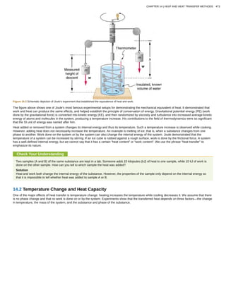 Figure 14.3 Schematic depiction of Joule’s experiment that established the equivalence of heat and work.
The figure above shows one of Joule’s most famous experimental setups for demonstrating the mechanical equivalent of heat. It demonstrated that
work and heat can produce the same effects, and helped establish the principle of conservation of energy. Gravitational potential energy (PE) (work
done by the gravitational force) is converted into kinetic energy (KE), and then randomized by viscosity and turbulence into increased average kinetic
energy of atoms and molecules in the system, producing a temperature increase. His contributions to the field of thermodynamics were so significant
that the SI unit of energy was named after him.
Heat added or removed from a system changes its internal energy and thus its temperature. Such a temperature increase is observed while cooking.
However, adding heat does not necessarily increase the temperature. An example is melting of ice; that is, when a substance changes from one
phase to another. Work done on the system or by the system can also change the internal energy of the system. Joule demonstrated that the
temperature of a system can be increased by stirring. If an ice cube is rubbed against a rough surface, work is done by the frictional force. A system
has a well-defined internal energy, but we cannot say that it has a certain “heat content” or “work content”. We use the phrase “heat transfer” to
emphasize its nature.
Check Your Understanding
Two samples (A and B) of the same substance are kept in a lab. Someone adds 10 kilojoules (kJ) of heat to one sample, while 10 kJ of work is
done on the other sample. How can you tell to which sample the heat was added?
Solution
Heat and work both change the internal energy of the substance. However, the properties of the sample only depend on the internal energy so
that it is impossible to tell whether heat was added to sample A or B.
14.2 Temperature Change and Heat Capacity
One of the major effects of heat transfer is temperature change: heating increases the temperature while cooling decreases it. We assume that there
is no phase change and that no work is done on or by the system. Experiments show that the transferred heat depends on three factors—the change
in temperature, the mass of the system, and the substance and phase of the substance.
CHAPTER 14 | HEAT AND HEAT TRANSFER METHODS 473
 