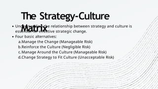 The Strategy-Culture
Matrix
Understanding the relationship between strategy and culture is
essential for effective strategic change.
Four basic alternatives:
a.Manage the Change (Manageable Risk)
b.Reinforce the Culture (Negligible Risk)
c.Manage Around the Culture (Manageable Risk)
d.Change Strategy to Fit Culture (Unacceptable Risk)
 