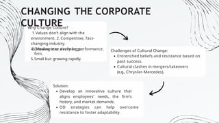 CHANGING THE CORPORATE
CULTURE
Why Change Culture?
1. Values don’t align with the
environment. 2. Competitive, fast-
changing industry.
3. Mediocre or declining performance.
4.Growing into a very large
firm.
5.Small but growing rapidly.
Challenges of Cultural Change:
Entrenched beliefs and resistance based on
past success.
Cultural clashes in mergers/takeovers
(e.g., Chrysler-Mercedes).
Solution:
Develop an innovative culture that
aligns employees' needs, the firm's
history, and market demands.
OD strategies can help overcome
resistance to foster adaptability.
 