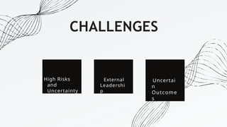 CHALLENGES
High Risks
and
Uncertainty
External
Leadershi
p
Uncertai
n
Outcome
s
 